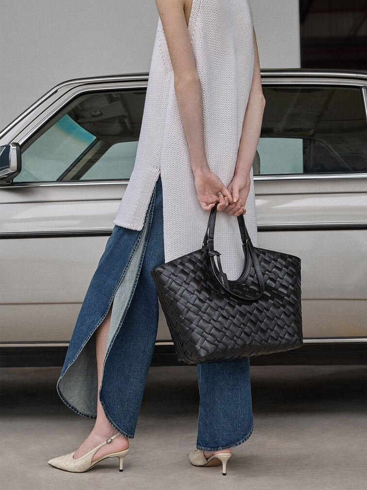 CHARLES & KEITH Ivette Woven Tote Bag - Black